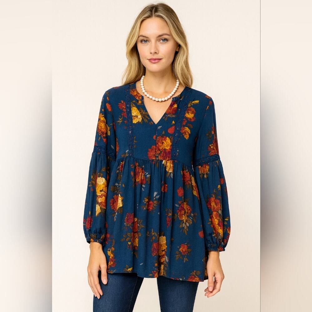 Blu Pepper Deep Turquoise & Rust Floral Boho Peasant Blouse sz M